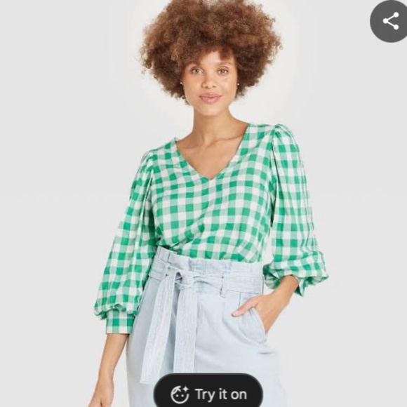 A New Day Tops A New Day Green Gingham Check Blouse Womens Size Medium V-Neck - Picture 1 of 5